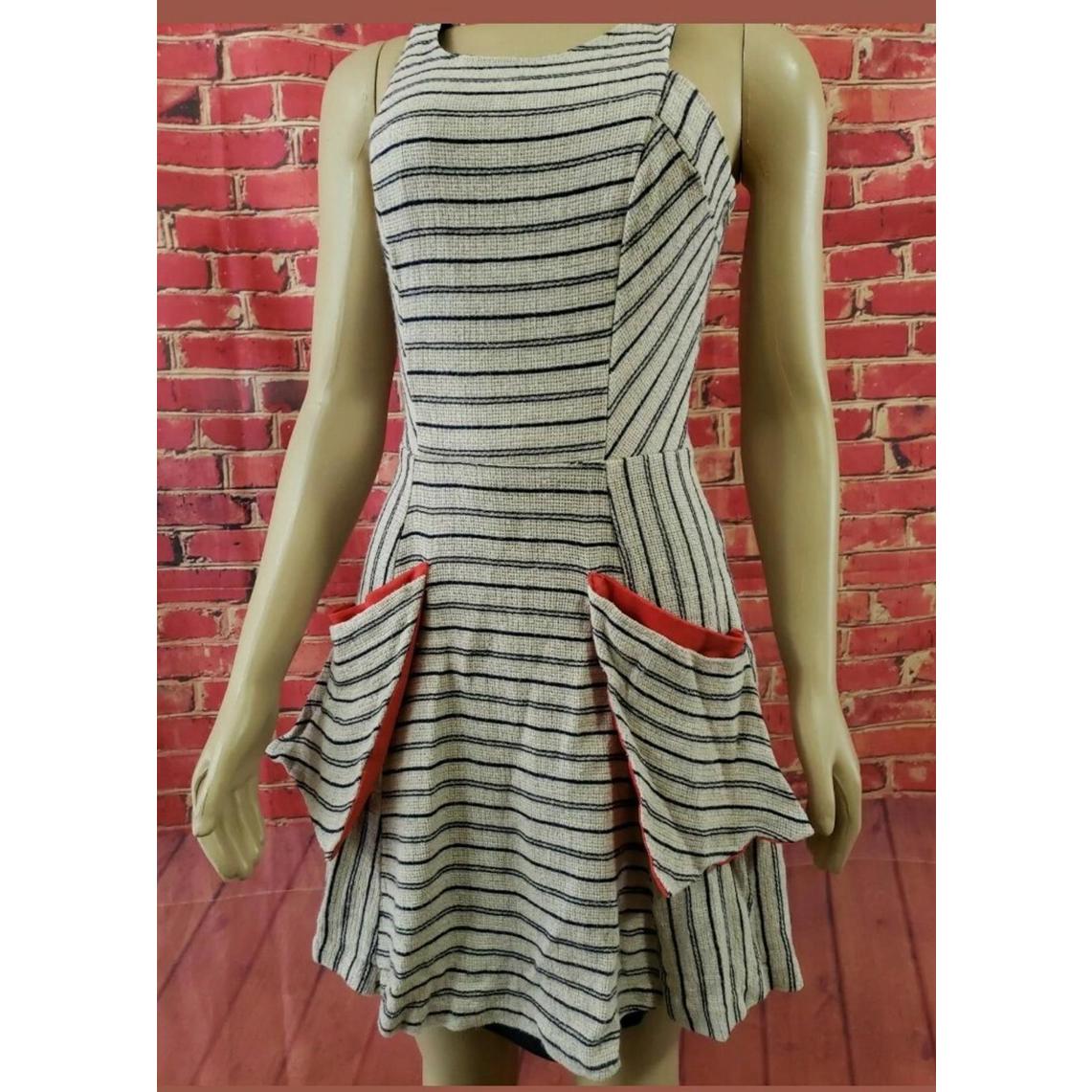Amadi Anthropologie Linen Striped Lined Sleeveless Gray Blue Red Dress Sz S